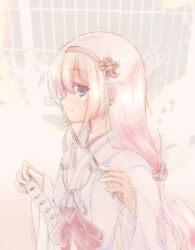 Rule 34 | 1girl, alternate costume, alternate eye color, blurry, blurry background, cherry blossoms, closed mouth, commentary request, foxxre, from side, grey eyes, hairband, highres, holding, holding stick, holding sword, holding weapon, japanese clothes, kannagiri nagamitsu (tenka hyakken), kimono, long hair, long sleeves, miko, obi, sash, sheath, sheathed, sideways glance, smile, solo, stick, sword, tenka hyakken, wakizashi, weapon, white hair, white kimono, wide sleeves