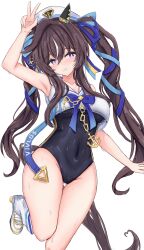 Rule 34 | 1girl, absurdres, animal ears, arm up, armpits, black one-piece swimsuit, blue eyes, blue ribbon, blush, bright pupils, brown hair, cdsola, covered navel, ear covers, highres, horse ears, horse girl, long hair, looking at viewer, multicolored hair, no pants, one-piece swimsuit, open mouth, ribbon, single ear cover, solo, streaked hair, swimsuit, twintails, umamusume, v, vivlos (umamusume), white hair, white pupils