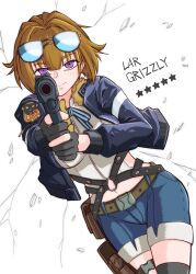 Rule 34 | 1girl, aiming, aiming at viewer, black gloves, bomber jacket, breasts, brown hair, character name, commentary request, cowboy shot, denim, denim shorts, dutch angle, eyewear on head, girls&#039; frontline, gloves, grizzly mkv (girls&#039; frontline), hair between eyes, highres, jacket, kuroketto, lar grizzly win mag, large breasts, looking at viewer, navel, purple eyes, shirt, shorts, solo, sunglasses, white background, white shirt