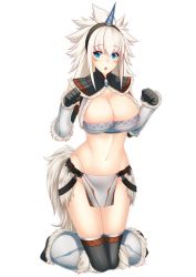 Rule 34 | 1girl, arm warmers, bandeau, black gloves, black thighhighs, blue eyes, blush, breasts, chestnut mouth, cleavage, detached sleeves, full body, fur trim, gloves, groin, hairband, horns, kirin (armor), kneeling, knees together feet apart, large breasts, loincloth, looking at viewer, megatama, midriff, monster hunter (series), navel, open mouth, over-kneehighs, paw pose, single horn, solo, spiked hair, stomach, tail, thighhighs, white hair