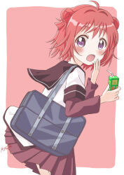 Rule 34 | 1girl, ahoge, akanemachiyama, akaza akari, bag, blush, border, double bun, drinking straw, hair bun, holding, juice carton, layered sleeves, long sleeves, looking at viewer, nanamori school uniform, open mouth, pink background, pleated skirt, purple eyes, red hair, sailor collar, school bag, school uniform, serafuku, shirt, short hair, short over long sleeves, short sleeves, simple background, skirt, solo, upper body, white border, yuru yuri