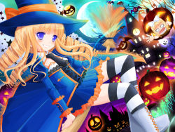 Rule 34 | 2girls, blush, boots, bow, broom, broom riding, drill hair, grin, hair bow, halloween, hat, jack-o&#039;-lantern, kay, kay (utd), long hair, looking at viewer, moon, multiple girls, o o, open mouth, original, pumpkin, purple eyes, smile, striped clothes, striped legwear, striped thighhighs, thighhighs, white legwear, witch hat