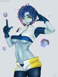 Rule 34 | arm up, artist name, blue gloves, blue hair, blue lips, blue pantyhose, blue skin, boku no hero academia, breasts, bubble girl (boku no hero academia), closed mouth, colored skin, commentary request, crop top, easonx, gloves, grey background, highres, hydrokinesis, index finger raised, large breasts, pantyhose under shorts, looking at viewer, messy hair, navel, pantyhose, short hair, short shorts, shorts, simple background, smile, solo, stomach, two-tone shorts, underboob, water, yellow eyes, zipper, zipper pull tab