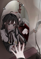 Rule 34 | 2girls, absurdres, ahoge, bath, bath of blood, bathroom, black ribbon, blood, blood on wall, brown hair, closed mouth, commentary request, cross, ear piercing, earrings, female pov, grey eyes, grey hair, hair intakes, hanataro (sruvhqkehy1zied), highres, indoors, jewelry, long hair, long sleeves, looking at mirror, looking at viewer, mirror, multiple earrings, multiple girls, neck ribbon, original, piercing, pov, reflection, ribbon, shower head, smile