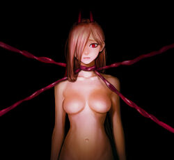 Rule 34 | 1girl, bound, breasts, chainsaw man, cross-shaped pupils, crying, crying with eyes open, dark, dark background, dbrhk0506, hair over one eye, highres, horns, intestines, long hair, looking at viewer, navel, no nipples, nude, out-of-frame censoring, pink hair, power (chainsaw man), red eyes, red horns, sad, small breasts, solo, symbol-shaped pupils, tears