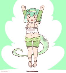 Rule 34 | 1girl, arms up, camisole, chinese water dragon (kemono friends), choker, closed eyes, coroha, elbow gloves, full body, gloves, green background, green hair, jumping, kemono friends, kemono friends 3, lizard tail, looking at viewer, navel, sandals, short hair, shorts, simple background, solo, tail