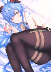 Rule 34 | 1girl, absurdres, ahoge, bare shoulders, bell, black pantyhose, blue hair, blush, closed mouth, commentary request, cowbell, ganyu (genshin impact), genshin impact, goat horns, hair between eyes, highres, horns, huge filesize, long hair, looking at viewer, lying, mxsoundtube, on side, one eye closed, pantyhose, purple eyes, simple background, smile, solo, thick thighs, thighs, very long hair