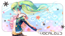 Rule 34 | 1girl, bad id, bad pixiv id, closed eyes, female focus, flower, gradient background, green hair, hair ornament, hairclip, hatsune miku, jacket, long hair, petals, pos (shiratama-ya), smile, solo, twintails, vocaloid