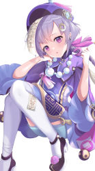 Rule 34 | absurdres, bandaged leg, bandages, bead necklace, beads, black footwear, blush, coin, coin hair ornament, film grain, genshin impact, hair ornament, hat, highres, huge filesize, hynleiu, jewelry, light purple hair, light rays, long hair, long sleeves, necklace, open mouth, purple eyes, purple hat, qiqi (genshin impact), simple background, talisman, tassel, thighhighs, vision (genshin impact), white background, white thighhighs, wide sleeves, yin yang