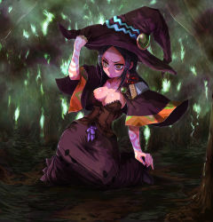 Rule 34 | 1girl, @ @, atlus, black hair, breasts, cleavage, crazy eyes, doctor magus, dress, forest, hat, hat tug, kara (color), kneeling, large breasts, long hair, nature, etrian odyssey, solo, witch hat