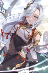 Rule 34 | 1girl, blue eyes, breasts, chinese clothes, earrings, eyebrows hidden by hair, genshin impact, grey hair, hair over one eye, hairband, highres, holding, holding weapon, jewelry, kuurimuart, looking at viewer, medium breasts, open mouth, ponytail, shenhe (genshin impact), solo, weapon