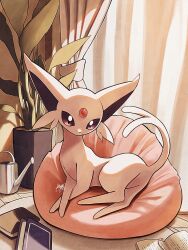 Rule 34 | book, commentary request, creatures (company), curtains, cushion, espeon, forehead jewel, forked tail, game freak, gen 2 pokemon, highres, indoors, kuchiba (jret2454), lying, nintendo, no humans, plant, pokemon, pokemon (creature), potted plant, purple eyes, signature, solo, tail, watering can