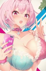 Rule 34 | 1girl, ahoge, blue hair, blue nails, blush, bra, breast lift, breasts, cellphone, cleavage, collar, collarbone, commentary request, crossed bangs, earrings, fang, hair between eyes, hair intakes, hato haru, heart, heart collar, highres, holding, holding phone, idolmaster, idolmaster cinderella girls, jewelry, large breasts, lingerie, looking at viewer, multicolored bra, multicolored clothes, multicolored hair, nail polish, open mouth, phone, pill earrings, pink eyes, pink hair, pink nails, ring, sidelocks, smartphone, solo, strap pull, two-tone hair, underwear, underwear only, upper body, yumemi riamu