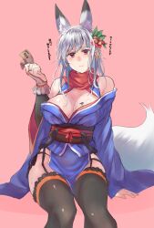 Rule 34 | 1girl, animal ears, arm support, breasts, detached sleeves, fingerless gloves, fox ears, fox girl, fox tail, gloves, hair ornament, holding, japanese clothes, large breasts, money, open clothes, original, pelvic curtain, red eyes, sawaya (mizukazu), sitting, solo, tail, thighhighs, wide sleeves