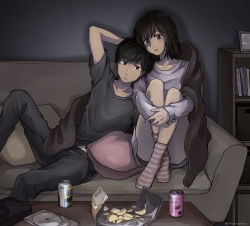 Rule 34 | 1boy, 1girl, black eyes, black hair, can, chips (food), commentary, convenient leg, couch, dark, dvd case, food, highres, indoors, leaning on person, legs up, original, pillow, potato chips, setu kurokawa, sitting, socks, striped clothes, striped legwear, striped socks, strong zero