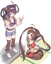 Rule 34 | 2girls, ahoge, azur lane, bell, blue shorts, blush, boots, bowl, breasts, brown hair, brown legwear, china dress, chinese clothes, chopsticks, cleavage, closed mouth, commentary request, dress, eating, food, food in mouth, fur-trimmed boots, fur-trimmed jacket, fur-trimmed shorts, fur-trimmed sleeves, fur trim, hair bell, hair ornament, hair rings, hairband, highres, holding, holding bowl, holding chopsticks, jacket, jingle bell, long hair, long sleeves, medium breasts, multiple girls, ning hai (azur lane), ning hai (springtime sojourn) (azur lane), no shoes, noodles, olive (laai), open clothes, open jacket, pantyhose, ping hai (azur lane), ping hai (great gourmet expedition) (azur lane), pointing, purple eyes, purple hair, purple shirt, red dress, red eyes, seiza, shirt, short shorts, shorts, shrimp, shrimp tempura, sitting, standing, tempura, thighhighs, thighhighs under boots, twintails, very long hair, white background, white footwear, white hairband, white jacket
