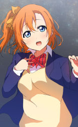 Rule 34 | 10s, 1girl, bad id, bad pixiv id, blazer, blue eyes, bow, bowtie, collared shirt, hair between eyes, hair bow, icehotmilktea, jacket, kosaka honoka, long sleeves, looking at viewer, love live!, love live! school idol project, one side up, open mouth, orange hair, school uniform, shirt, side ponytail, solo, striped bow, striped bowtie, striped clothes, striped neckwear, sweater vest, upper body, yellow bow