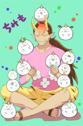 Rule 34 | 1boy, :d, black eyes, brown hair, chimimo, chimimo (character), colored sclera, crossed ankles, dark-skinned male, dark skin, earrings, facial hair, floral print, full body, green background, horns, jewelry, jigoku-san, long hair, male focus, mustache, open mouth, pink shirt, pointy ears, red hair, ryoushi, shirt, shorts, sitting, smile, very long hair, yellow sclera, yellow shorts