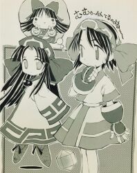 Rule 34 | 2girls, ainu clothes, alternate costume, breasts, clenched hand, double v, fingerless gloves, gloves, hair ribbon, highres, japanese text, legs, long hair, looking at viewer, monochrome, multiple girls, nakoruru, official alternate costume, open mouth, ribbon, rimururu, samurai spirits, short hair, siblings, sisters, small breasts, smile, snk, sweatdrop, thighs, thinking, traditional media, translation request, v