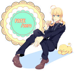 Rule 34 | 1girl, :t, ahoge, androgynous, artoria pendragon (all), artoria pendragon (fate), bad id, bad pixiv id, blonde hair, copyright name, doughnut, eating, fate/zero, fate (series), food, food on face, formal, green eyes, long hair, mister donut, necktie, pant suit, pants, pingo0423, pon de lion, ponytail, puffy cheeks, saber (fate), solo, suit, tears