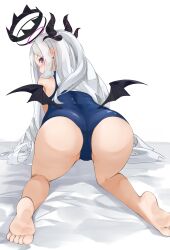 Rule 34 | 1girl, absurdres, ahoge, all fours, ass, back, barefoot, bed sheet, blue archive, blue one-piece swimsuit, blush, commentary request, demon girl, demon horns, demon wings, from behind, halo, head tilt, highres, hina (blue archive), hina (swimsuit) (blue archive), horns, kneepits, long hair, looking at another, looking at viewer, micchamu, official alternate costume, old school swimsuit, one-piece swimsuit, one side up, parted bangs, purple eyes, school swimsuit, sidelocks, simple background, soles, solo, swimsuit, thighs, v-shaped eyebrows, white background, white hair, wings