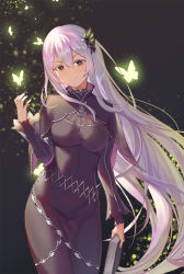 Rule 34 | 1girl, black background, black capelet, black dress, blush, book, breasts, brown eyes, bug, butterfly, butterfly hair ornament, capelet, closed mouth, colored eyelashes, commentary request, cowboy shot, dress, echidna (re:zero), glowing butterfly, hair ornament, highres, holding, holding book, insect, light particles, long hair, looking at viewer, medium breasts, ohihil, re:zero kara hajimeru isekai seikatsu, silver hair, simple background, smile, solo, very long hair