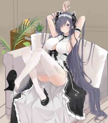 Rule 34 | 1girl, absurdres, alternate costume, armband, arms behind head, august von parseval (azur lane), august von parseval (the conquered unhulde) (azur lane), azur lane, between breasts, black dress, black ribbon, blush, book, book stack, breasts, cleavage, cleavage cutout, clothing cutout, commentary request, crossed legs, dress, enmaided, frilled armband, frilled dress, frills, full body, garter straps, grey hair, hair over one eye, hair ribbon, hand up, high heels, highres, knees together feet apart, kuyoumi, lace, lace-trimmed legwear, lace trim, large breasts, long dress, long hair, maid, maid headdress, manjuu (azur lane), official alternate costume, open mouth, parted bangs, parted lips, plant, potted plant, purple eyes, purple hair, ribbon, shelf, sideboob, sitting, solo, thighhighs, very long hair, white thighhighs