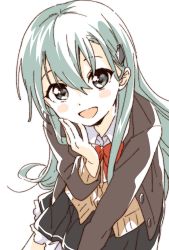 Rule 34 | 1girl, aqua eyes, aqua hair, cardigan, green eyes, green hair, hair ornament, hairclip, highres, jacket, kantai collection, long hair, long sleeves, looking at viewer, namori, open cardigan, open clothes, open mouth, pleated skirt, school uniform, simple background, skirt, smile, solo, suzuya (kancolle), white background