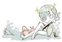 Rule 34 | 1other, arm at side, arm support, blunt bangs, bowl cut, carrying over shoulder, chibi, crossed legs, full body, heterochromia, high heels, houseki no kuni, outstretched arm, outstretched leg, pale color, phosphophyllite, phosphophyllite (ll), seashell, see-through, see-through sleeves, shell, short hair, sitting, smile, snail, solo, sparkle, spoilers, sword, weapon, white background, yawo