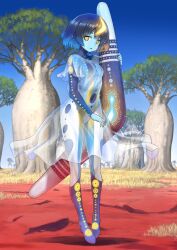 Rule 34 | 1girl, black hair, blue hair, blue skin, blue sky, body markings, boomerang, boots, breasts, colored skin, dress, expressionless, fate/grand order, fate (series), full body, gradient hair, grass, grey skin, hair ornament, koume keito, looking at viewer, multicolored hair, multicolored skin, official art, outdoors, parted lips, see-through, see-through dress, short hair, sky, small breasts, solo, tree, two-tone hair, wandjina (fate)