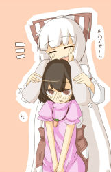 Rule 34 | 2girls, animal ears, bad id, bad pixiv id, blush, bow, brown eyes, brown hair, carrot, carrot necklace, closed eyes, dress, grabbing another&#039;s ear, female focus, fujiwara no mokou, hair bow, hand on another&#039;s ear, inaba tewi, jewelry, long hair, miri-kyek, miri (miri 1m), multiple girls, necklace, ofuda, open mouth, pants, pendant, pink dress, rabbit ears, shirt, short hair, silver hair, smile, touhou, v arms