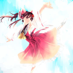Rule 34 | 1girl, arm up, armpits, ascot, bow, brown eyes, brown hair, dancing, detached sleeves, dress, female focus, floating hair, hair bow, hakurei reimu, highres, kayako (tdxxxk), lace, long hair, looking away, pale color, ponytail, red dress, sky, solo, standing, standing on one leg, touhou, wide sleeves