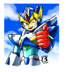 Rule 34 | 1boy, android, armor, artist name, blue background, blue eyes, bodysuit, cloud, day, gloves, green eyes, highres, looking at viewer, male focus, mega buster, one eye closed, open mouth, outdoors, pn13ban, mega man (series), mega man x (series), sky, smile, thumbs up, weapon, x (mega man)