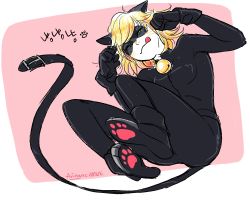 Rule 34 | 1boy, adrien agreste, animal ears, bell, belt, blonde hair, bodysuit, cat boy, cat ears, chat noir, colored sclera, fake animal ears, feet, full body, green eyes, green sclera, half-closed eyes, knees up, licking lips, looking at viewer, male focus, mask, miraculous ladybug, paw pose, paw print, shoes, simple background, solo, tongue, tongue out