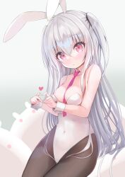 Rule 34 | 1girl, animal ears, bare shoulders, between breasts, black pantyhose, breasts, cleavage, detached collar, fake animal ears, grey hair, heart, heart hands, highres, leotard, long hair, medium breasts, necktie, original, pantyhose, playboy bunny, rabbit ears, red eyes, red necktie, siragagaga, solo, strapless, strapless leotard, thighs, two side up, very long hair, white leotard, wrist cuffs