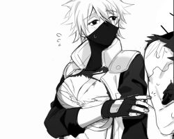 Rule 34 | 1boy, 1girl, bandages, blush, breasts, cleavage, fingerless gloves, genderswap, genderswap (mtf), gloves, hatake kakashi, large breasts, looking at another, monochrome, naruto (series), naruto shippuuden, shirt, torn clothes, torn shirt, uchiha obito, vest