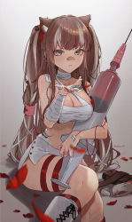 Rule 34 | 1girl, absurdres, animal ears, bandaged arm, bandages, bandaid, bandaid on face, bandaid on nose, boots, breasts, brown hair, chain, cleavage, earrings, grey eyes, highres, jewelry, large syringe, long hair, looking at viewer, original, oversized object, parted lips, petals, sarashi, sitting, skirt, solo, sooon, syringe