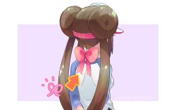 Rule 34 | 1girl, arms behind back, arrow (symbol), border, bow, breasts, brown hair, cocoloco, commentary request, creatures (company), double bun, from behind, game freak, hair bun, long hair, nintendo, pink bow, pokemon, pokemon bw2, purple background, raglan sleeves, rosa (pokemon), solo, twintails, upper body, visor cap, white border