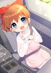 Rule 34 | 1girl, :d, absurdres, blue eyes, blush, bow, brown hair, car interior, child, dress, female focus, hair bow, highres, lens flare, long sleeves, looking at viewer, open mouth, original, pink dress, ponytail, red bow, seatbelt, sitting, smile, solo, sunlight, tareme, yurunyuru