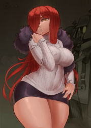 Rule 34 | 1girl, black egrets, breasts, covered erect nipples, feather boa, highres, large breasts, long hair, looking at viewer, looking down, ourobot, parasoul (skullgirls), parted lips, red hair, shirt, skirt, skullgirls, solo focus, sweater, thick thighs, thighs, triangle mouth, turtleneck, turtleneck sweater, white shirt, wide hips, yellow eyes