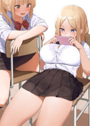 Rule 34 | 2girls, blonde hair, blush, bow, bowtie, breasts, brown skirt, button gap, cellphone, chair, fingernails, forehead, holding, holding phone, kaisen chuui, large breasts, long hair, looking at another, multiple girls, on chair, open mouth, original, phone, purple eyes, red neckwear, school uniform, shirt, sitting, skirt, thighs, white shirt, yellow eyes