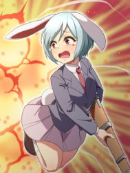 Rule 34 | 1girl, animal ears, blue hair, breasts, brown footwear, collared shirt, commentary request, d:, explosion, floppy ears, full body, furrowed brow, gun, holding, holding gun, holding weapon, jacket, jeno, light blue hair, light particles, looking to the side, medium breasts, miniskirt, necktie, open mouth, outline, pleated skirt, rabbit ears, rabbit tail, red eyes, red necktie, reisen, rifle, shirt, short hair, skirt, smoke, solo, suit jacket, swept bangs, tail, tearing up, touhou, weapon, white legwear, white outline, white shirt