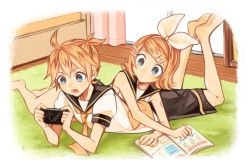 Rule 34 | 1boy, 1girl, bad id, bad twitter id, blonde hair, blue eyes, book, bow, brother and sister, hair bow, hair ornament, hair ribbon, hairclip, hairpin, handheld game console, highres, indoors, kagamine len, kagamine rin, kashu!, necktie, playstation portable, puffy short sleeves, puffy sleeves, ribbon, sailor collar, short sleeves, shorts, siblings, sleeveless, treble clef, twins, vocaloid