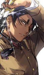 Rule 34 | 1boy, arm up, black hair, brown jacket, buttons, collar, collared jacket, commentary request, dark-skinned male, dark skin, golden kamuy, highres, holding, holding sword, holding weapon, imperial japanese army, jacket, koito otonoshin, long sleeves, looking at viewer, male focus, military, military uniform, oziozi kamuy, parted bangs, parted lips, pocket, sheath, sheathed, short hair, sword, uniform, upper body, weapon
