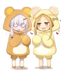 Rule 34 | 2girls, abigail williams (fate), animal costume, animal ears, animal hood, bear costume, bear ears, bear hood, blonde hair, blue eyes, blush, bow, chibi, fate/grand order, fate (series), forehead, hood, horns, kujiran, lavinia whateley (fate), long hair, looking to the side, multiple girls, onesie, open mouth, parted bangs, purple eyes, simple background, single horn, smile, wavy mouth, white background, white hair, wide-eyed, yellow bow