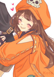 Rule 34 | 1boy, 1girl, absurdres, brown hair, cabbie hat, guilty gear, guilty gear strive, hat, hat ornament, highres, i (kotombre 0370), johnny (guilty gear), long hair, looking at viewer, may (guilty gear), orange headwear, orange shirt, pirate hat, shirt, skull and crossbones, skull hat ornament, smile
