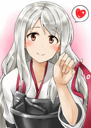 Rule 34 | 10s, 1girl, blush, hairband, unworn hairband, hakama, hakama short skirt, hakama skirt, unworn headwear, heart, highres, japanese clothes, kamelie, kantai collection, long hair, long sleeves, looking at viewer, muneate, shoukaku (kancolle), silver hair, skirt, smile, solo, speech bubble, spoken heart
