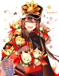 Rule 34 | animal, black cape, black gloves, cape, crest, dog, family crest, fate/grand order, fate (series), gloves, hat, highres, holding, holding animal, holding dog, long hair, military hat, multiple dogs, oda nobukatsu (fate), oda uri, open mouth, peaked cap, red shirt, shirt, simple background, teeth, trap, upper body, upper teeth only, white background, yui (tamagohan)