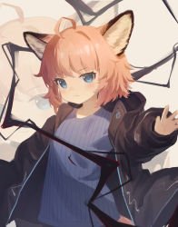 Rule 34 | 1girl, absurdres, ahoge, alternate costume, animal ears, arknights, black jacket, blue eyes, blue shirt, brown hair, fox ears, fox girl, fox tail, hand up, highres, jacket, lmonster guai, looking at viewer, open clothes, open jacket, originium arts (arknights), shirt, short hair, solo, sussurro (arknights), tail, upper body, v-shaped eyebrows, zoom layer