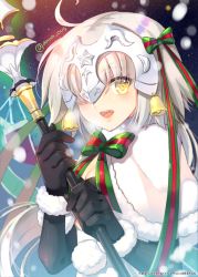 Rule 34 | :d, ahoge, black gloves, blush, breasts, capelet, cleavage, elbow gloves, fate/grand order, fate (series), fur trim, gloves, green ribbon, hair ribbon, headpiece, holding, holding weapon, jeanne d&#039;arc (fate), jeanne d&#039;arc (ruler) (fate), jeanne d&#039;arc alter (fate), jeanne d&#039;arc alter santa lily (fate), lance, long hair, looking at viewer, open mouth, polearm, red ribbon, ribbon, silver hair, small breasts, smile, snow, solo, striped ribbon, teeth, trianon, twitter username, watermark, weapon, web address